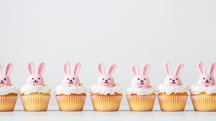 Poster - a row of easter-themed cupcakes with bunny designs, placed on a white surface with ample space for d