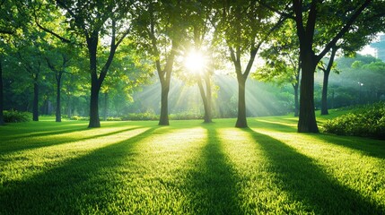 Poster - A tranquil view of a city park at sunrise, with the golden light filtering through the trees and illuminating the dew kissed grass.