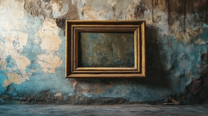 Poster - A rustic wooden frame placed against a faded pastel wall with vintage textures, creating a timeless aesthetic with ample copy space.