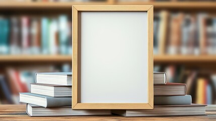 Poster - A simple wooden frame propped up on a stack of books with a blurred bookshelf in the background. Ideal for education or literary themes.