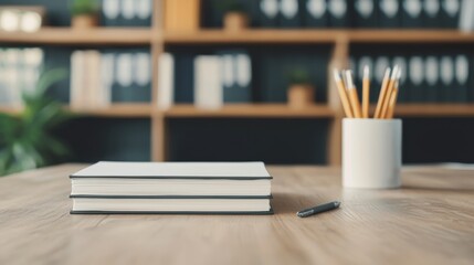 Poster - Notebooks and pencils on wooden desk symbolizing organization and productivity