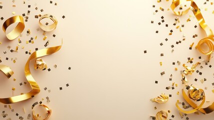 Poster - A soft beige background with golden confetti and ribbon curls scattered in a festive arrangement.