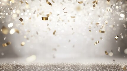 Poster - A sparkling silver background with a gradient of light reflections and scattered confetti for a celebratory vibe.