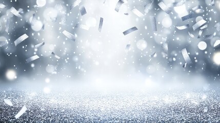 Poster - A sparkling silver background with a gradient of light reflections and scattered confetti for a celebratory vibe.