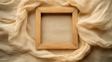 Poster - A square wooden frame placed on a soft, textured linen background. The earthy, natural aesthetic is ideal for branding or creative projects.