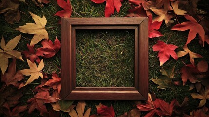 Poster - A square wooden frame surrounded by fallen autumn leaves on a grassy field. Warm earthy tones make this ideal for seasonal themes.
