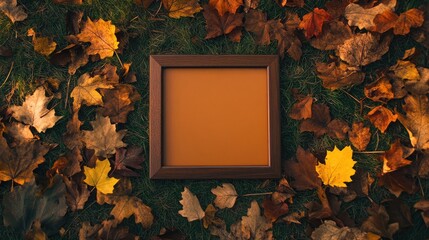 Poster - A square wooden frame surrounded by fallen autumn leaves on a grassy field. Warm earthy tones make this ideal for seasonal themes.