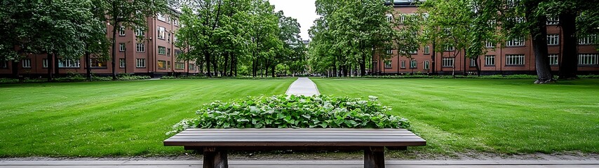 Wall Mural - a serene park scene featuring a bench surrounded by lush greenery and trees, inviting relaxation and