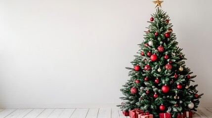 Poster - A vibrant Christmas tree decorated with traditional red and green ornaments, standing against a bright white background with ample copy space.