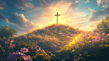 Poster - A vibrant Easter morning scene with a glowing cross atop a hill, surrounded by blooming wildflowers and golden sunlight.