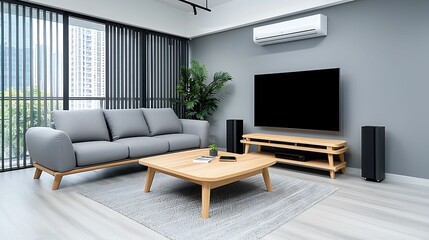 Sticker - A modern living room featuring a gray sofa, wooden coffee table, and a large TV, complemented by greenery and sleek design elements.