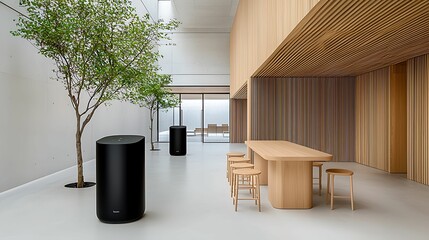Wall Mural - a modern interior featuring wooden elements, a round table, black cylindrical objects, and greenery,