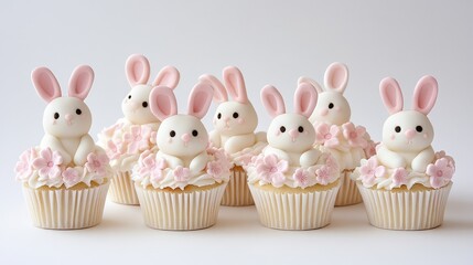 Poster - A whimsical display of handcrafted bunny cupcakes with detailed sugar decorations, set on a neutral white background.