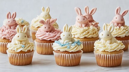 Poster - A whimsical display of handcrafted bunny cupcakes with detailed sugar decorations, set on a neutral white background.