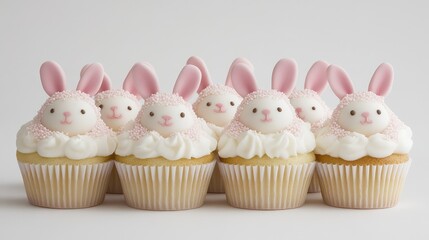 Poster - A whimsical display of handcrafted bunny cupcakes with detailed sugar decorations, set on a neutral white background.