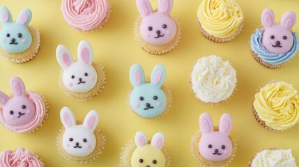 Poster - A whimsical flat lay of bunny cupcakes with colorful frosting, arranged on a pastel yellow background, perfect for festive designs.