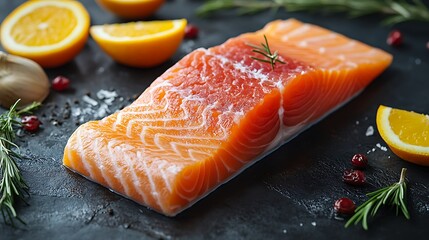 Wall Mural - Fresh salmon fillet with orange slices, rosemary, cranberries, garlic, and peppercorns on dark surface.