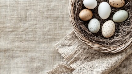 Poster - A wicker basket filled with small Easter nests holding colorful eggs, set on a rustic burlap cloth with soft natural light.