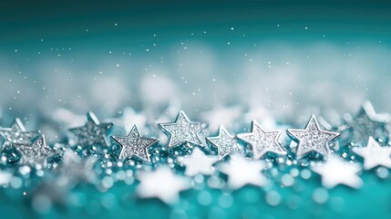 Poster - Starry abstract background idea. A sparkling array of silver stars glimmering against a turquoise background.