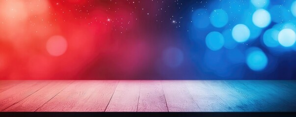 Poster - Starry abstract background idea. Colorful background with red and blue bokeh lights and a wooden surface for display.