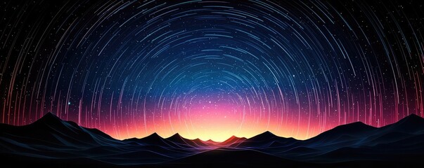 Poster - Starry abstract background idea. A stunning night sky filled with star trails over silhouetted mountains at sunset.