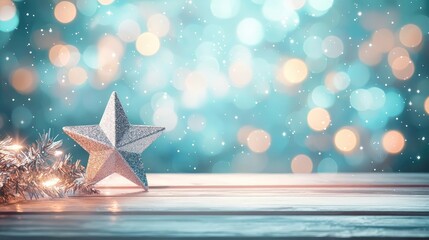 Aufkleber - Starry abstract background idea. A charming star decoration on a wooden table with vibrant bokeh background.