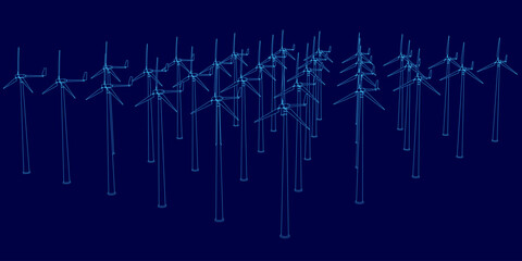 Poster - Blue sky with a bunch of wind turbines. The wind turbines are spread out and are of different sizes