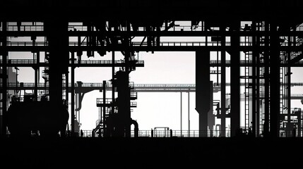 Sticker - Silhouette of Industrial Factory Line Against Light Background