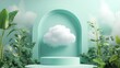 © azi - Pastel green podium with cloud and tropical plants.