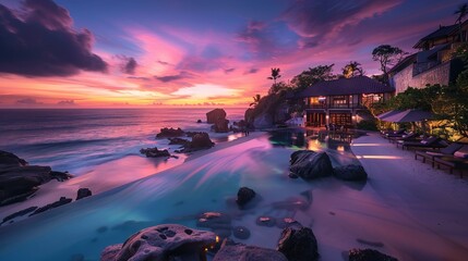 Wall Mural - idyllic dream getaway resort overlooking a tranquil sunset beach, offering a serene well-being atmos