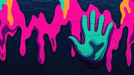 Poster - Graffiti abstract background concept. A vibrant, colorful handprint against a dripping paint background, showcasing creativity.