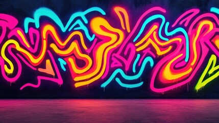 Poster - Graffiti abstract background concept. Vibrant graffiti art with colorful neon swirls and patterns on a dark background.