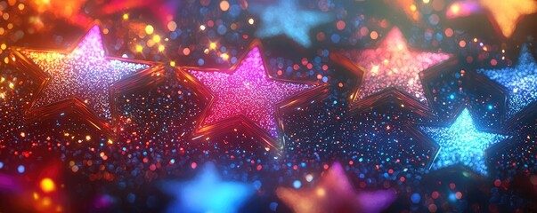 Poster - Starry abstract background idea. Colorful glittering stars create a magical and dazzling festive atmosphere.
