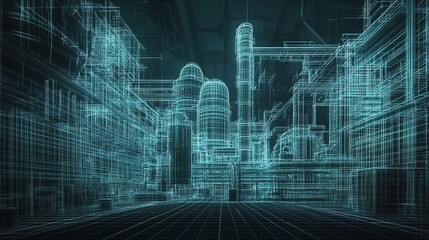 Poster - Digital Wireframe of a Futuristic Industrial Factory Layout