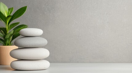 Poster - Zen stones balancing on white surface promoting tranquility and mindfulness
