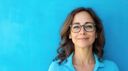 Wall Mural - Cheerful and Wise Woman with Glasses Smiling Against Blue Background