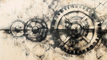 Poster - Abstract Engineering Drawing of Gears and Engagement Concepts