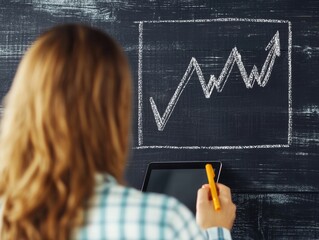 Poster - Businesswoman analyzing positive growth chart on blackboard