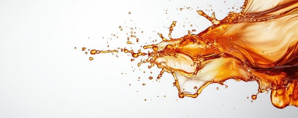Poster - Droplets abstract background idea. Vibrant splash of caramel liquid on a clean background, capturing energy and refreshment.