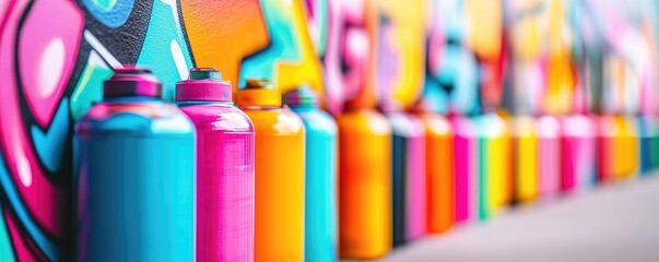 Poster - Graffiti abstract background concept. A vibrant arrangement of spray paint cans showcasing a spectrum of colors for creative art.