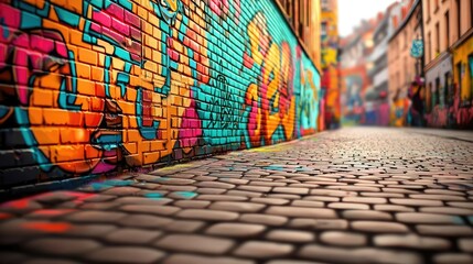 Poster - Graffiti abstract background concept. Vibrant street art murals adorn brick walls in an urban alleyway, showcasing creativity.
