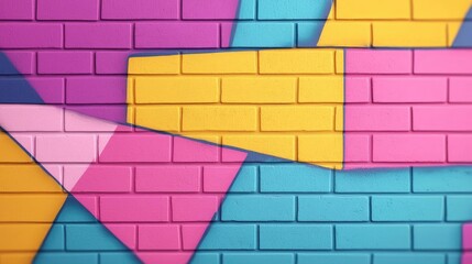 Poster - Graffiti abstract background concept. A vibrant, colorful abstract mural made of geometric shapes and patterns on a brick wall.