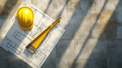 Poster - yellow hardhat and level on construction plans in bright room