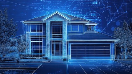 Poster - Modern Digital Blueprint Illustration of Architectural Home Design
