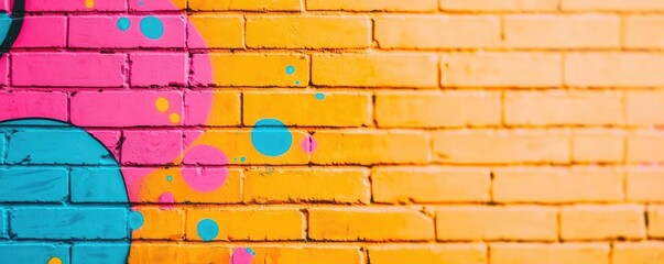 Poster - Graffiti abstract background concept. Vibrant mural painting with colorful splashes on a textured orange wall.