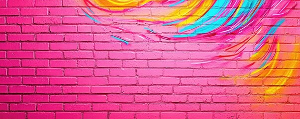 Poster - Graffiti abstract background concept. A vibrant graffiti mural painted on a pink brick wall showcasing colorful swirls.