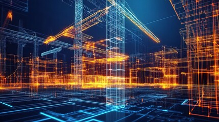 Poster - Futuristic Digital Render of Urban Construction Site with Neon Effects