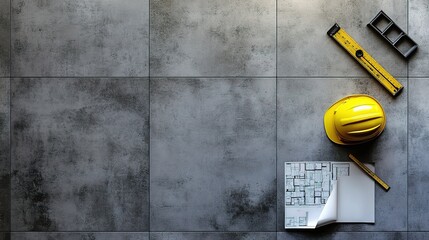 Poster - construction tools with yellow hardhat and blueprint on surface