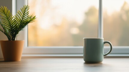 Wall Mural - Cozy morning: enjoying a hot beverage by the window with warm natural light