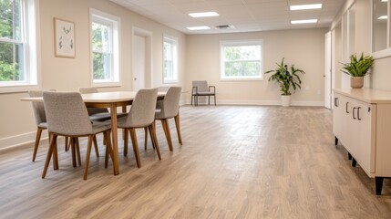 Aufkleber - Modern, spacious office interior featuring natural light and minimalist furniture